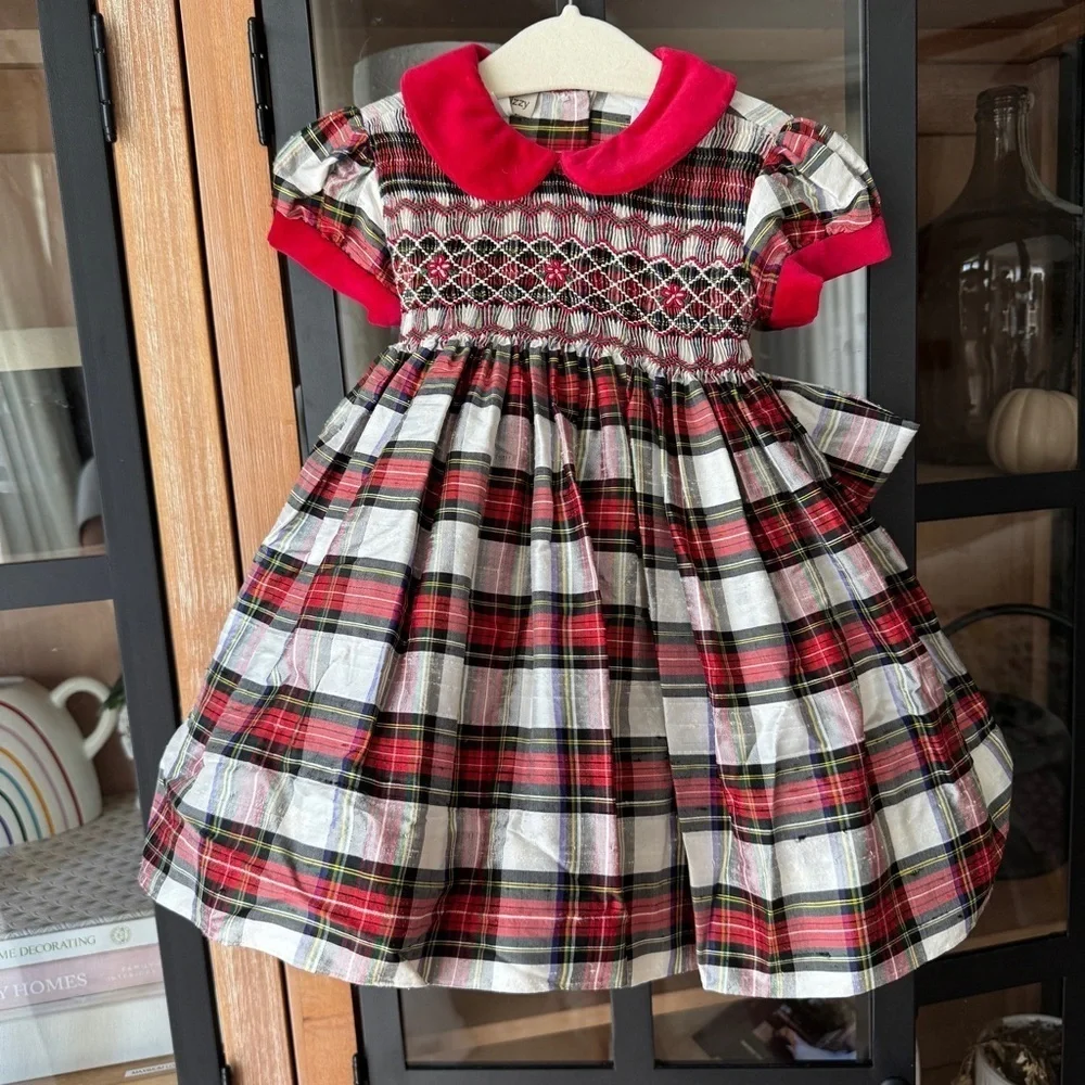 Marco & Lizzy silk plaid dress baby girl smocked puff sleeve peter pan collar